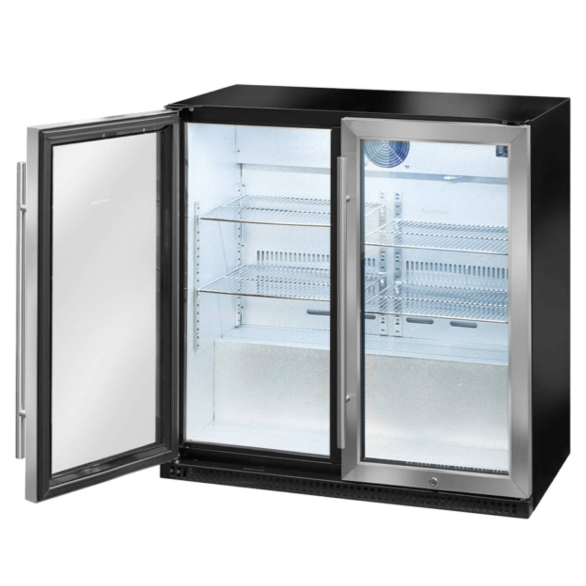Artusi double door outdoor beverage chiller styled with drinks