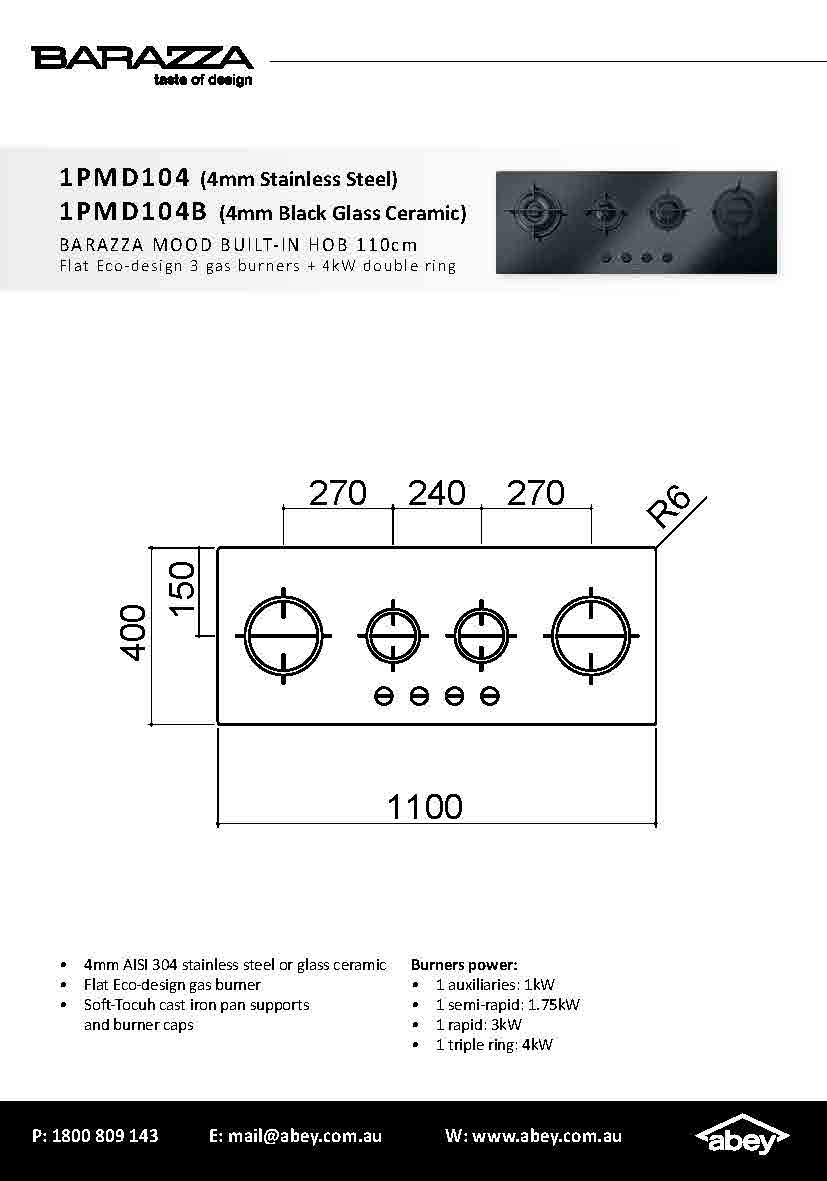 Barazza 1PMD104 Mood 110cm Builtin Cooktop 8Appliances