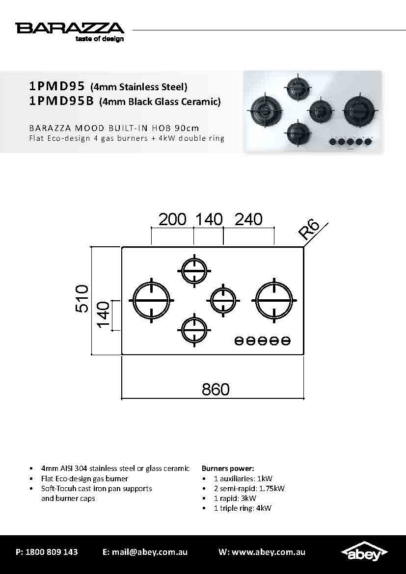 Barazza 1PMD95 Mood 90cm Builtin Cooktop 8Appliances