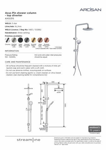 Arcisan AX02315 Axus Pin Shower Column With Handshower Set - Top Diverter