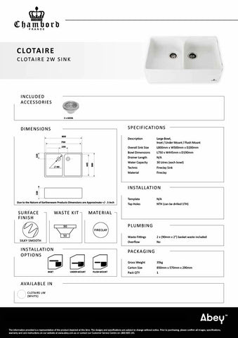 Chambord CLOTAIRE-2W Clotaire 800mm Large Ceramic Double Bowl