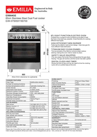 Emilia EM664GE 60cm Stainless Steel Dual Fuel Cooker with Electric Oven