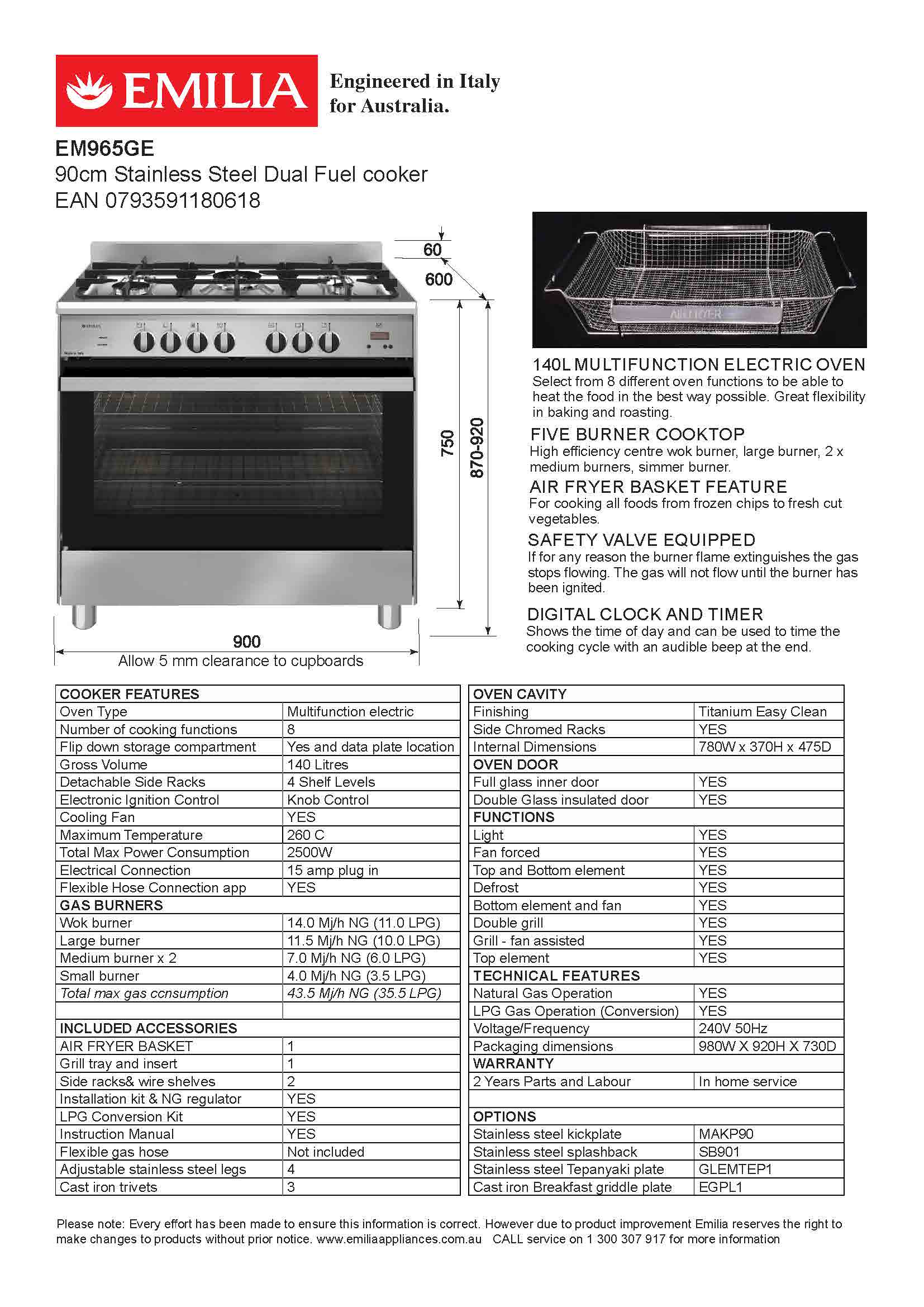 Emilia EM965GE 90cm Stainless Steel Dual Fuel Cooker with Electric Ove