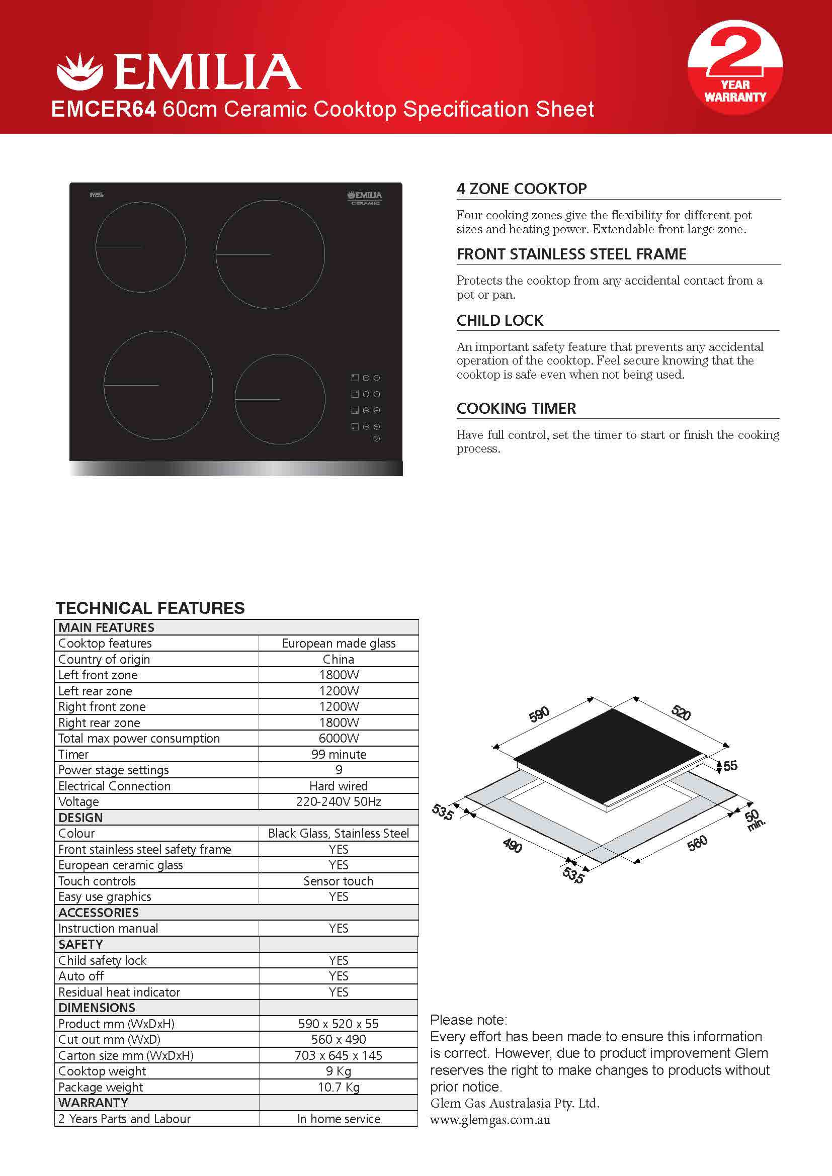 Emilia EMCER64 60cm Touch Control Ceramic Electric Cooktop 8Appliances