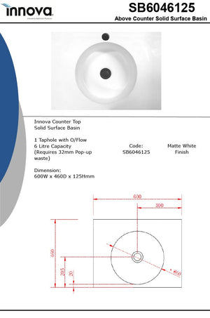 Innova SB6046125 600mm Counter Top Solid Surface Basin