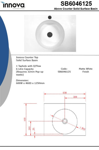 Innova SB6046125 600mm Counter Top Solid Surface Basin