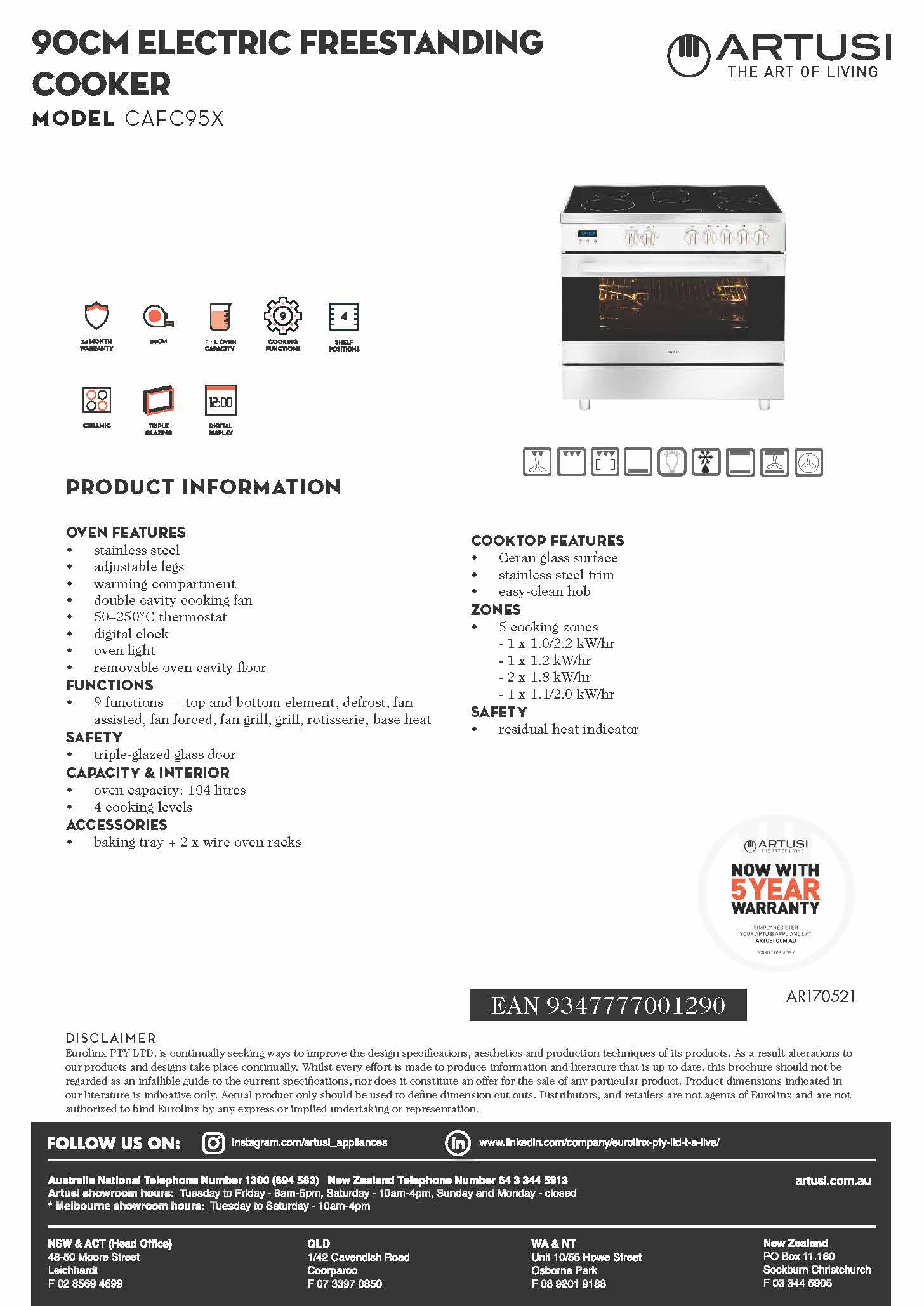 Artusi CAFC95X 90cm Electric Freestanding Cooker With Ceramic Hob