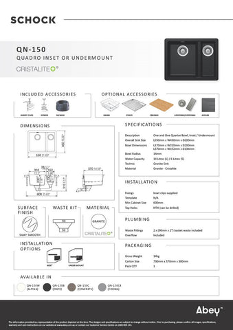 Abey QN-150CR Quadro QN100 Inset Or Undermount Stone Sink