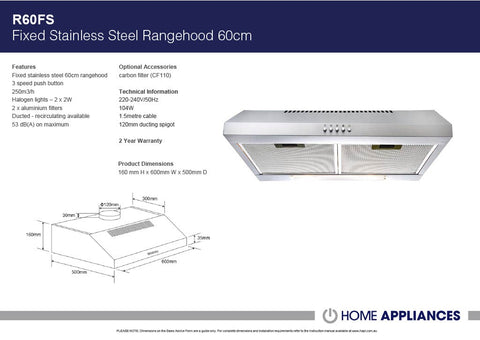 Euromaid R60FS 60cm Stainless Steel Fixed Rangehood