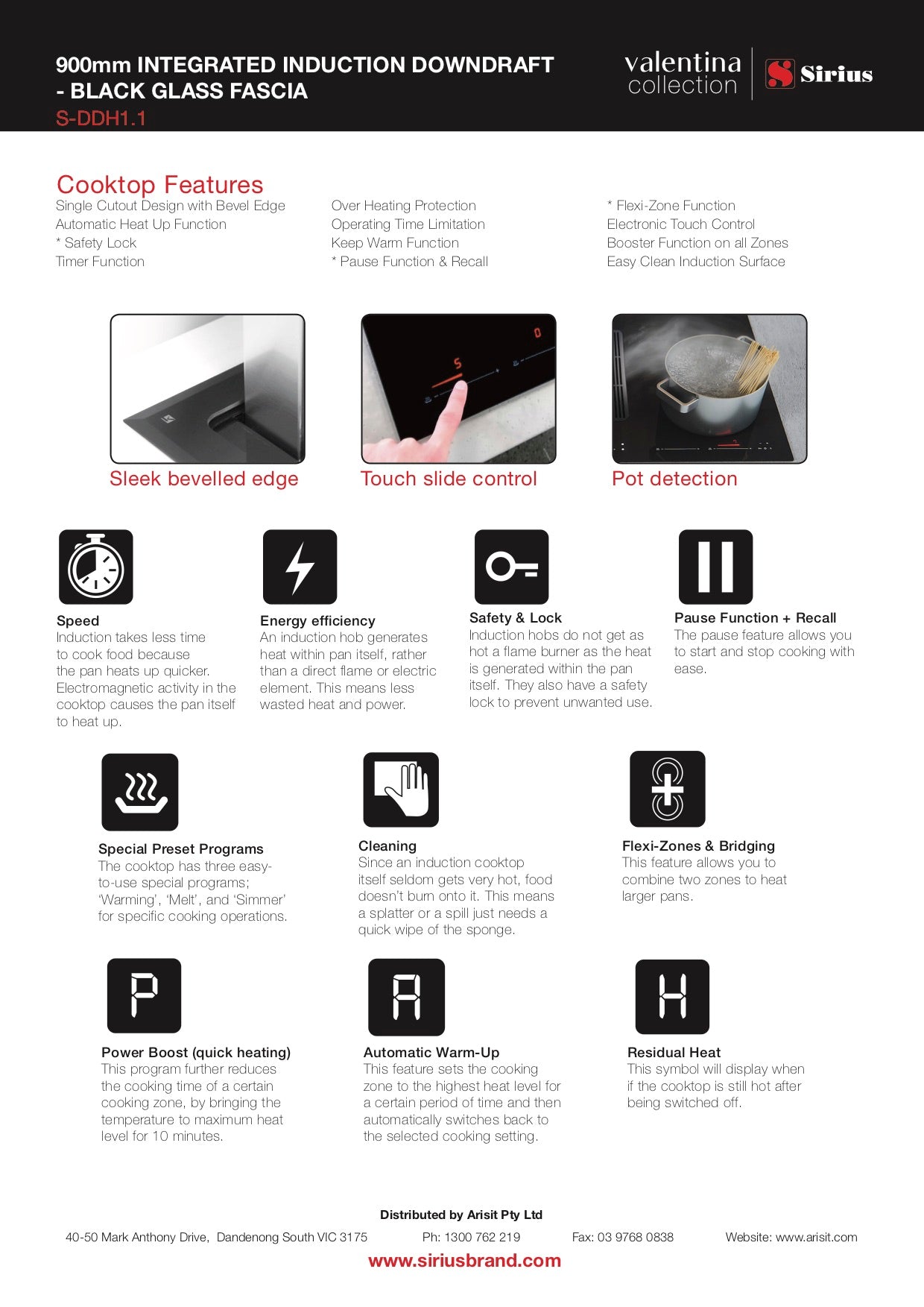 Sirius SDDH1.1 4 Zone Induction & Downdraft Rangehood 8Appliances