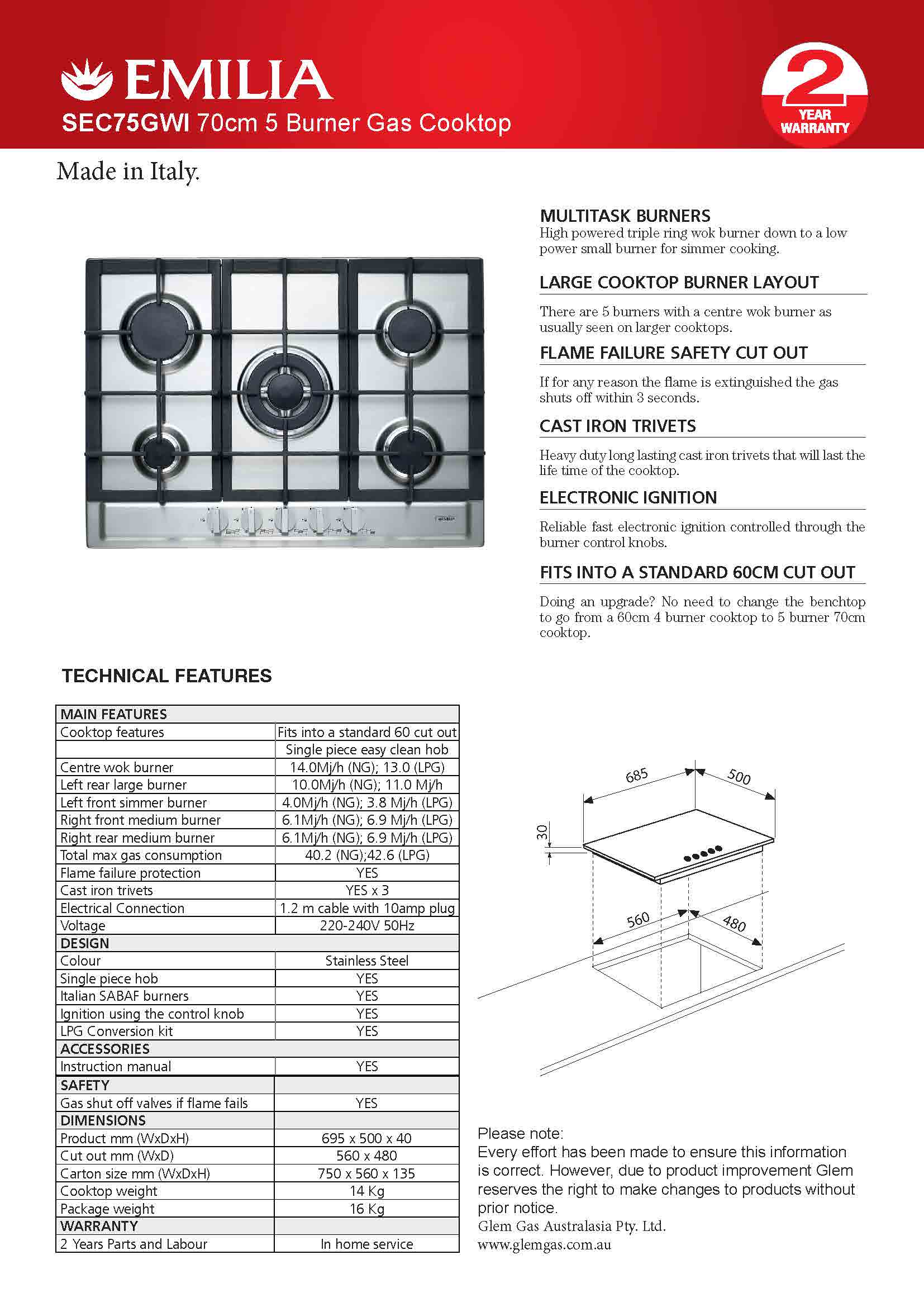 Emilia SEC75GWI 70cm Stainless Steel Gas Cooktop with Centre Wok Burne 8Appliances
