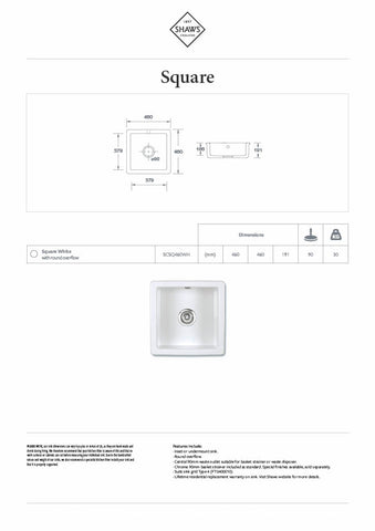 Shaws SCSQ460WH Square 460mm Wide Inset/Undermount Sink