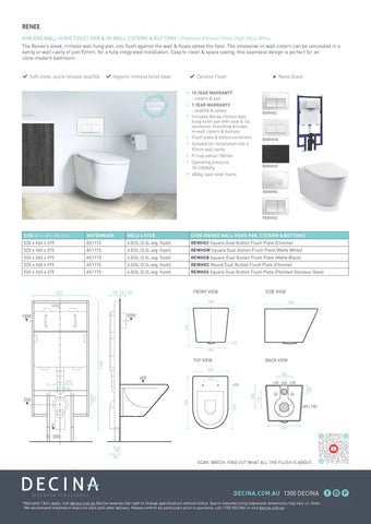 Decina REWHGESQW Renee Wall Hung Pan & Geberit In-Wall Cistern With Square Matte White Buttons