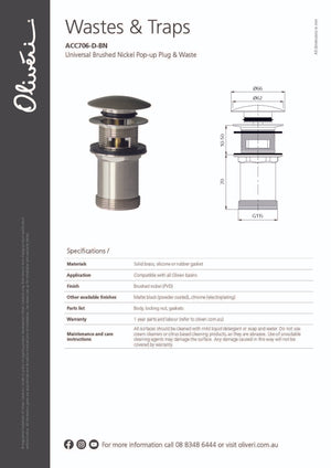 Oliveri ACC706-D-BN Universal Brushed Nickel Pop Up Plug and Waste