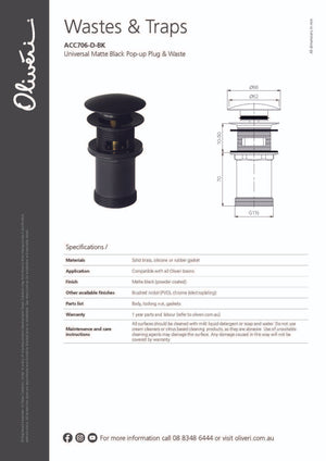 Oliveri ACC706-D-BK Universal Matte Black Pop Up Plug and Waste