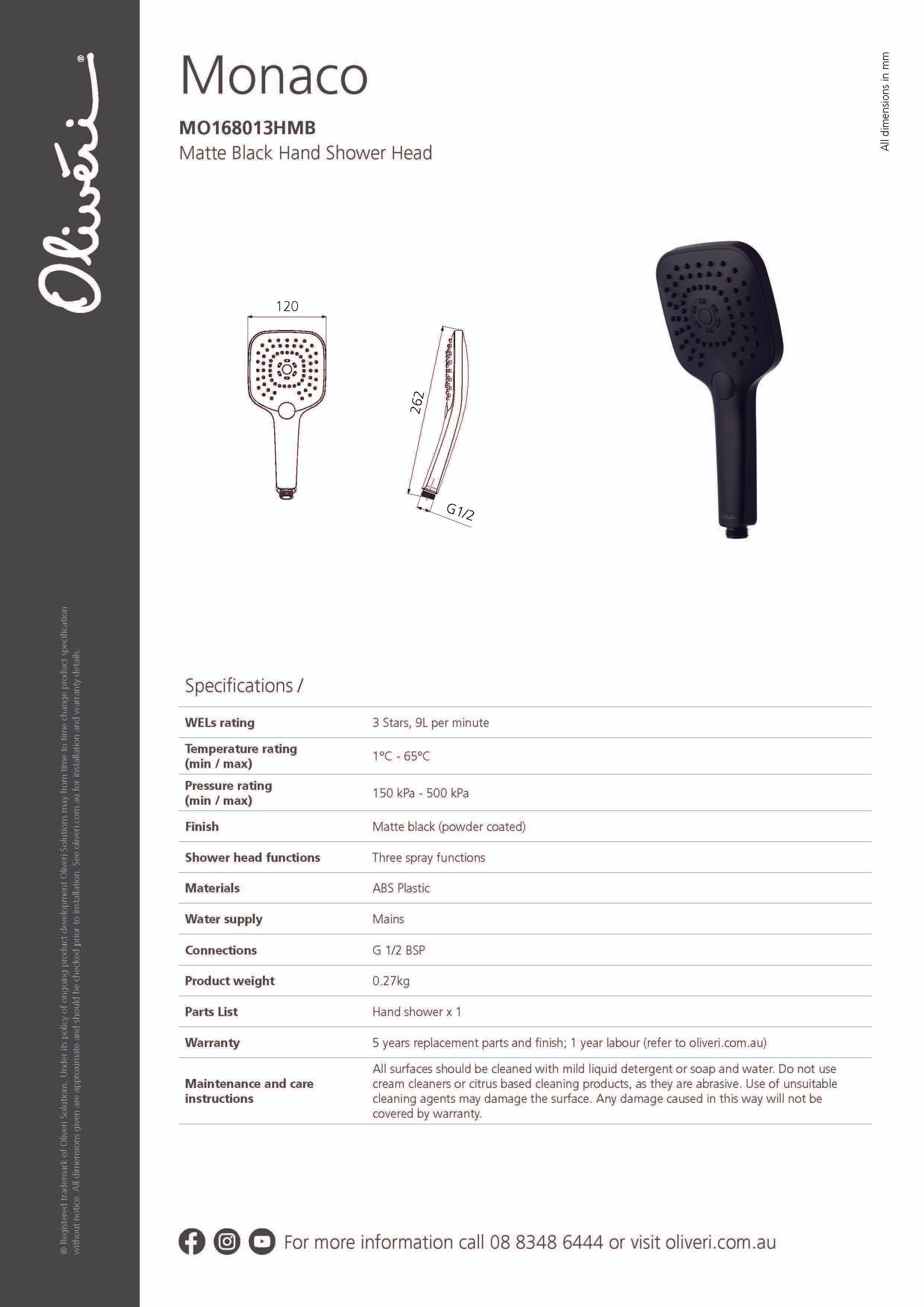 Oliveri MO168013HMB Monaco Matte Black Hand Shower Head 8Appliances