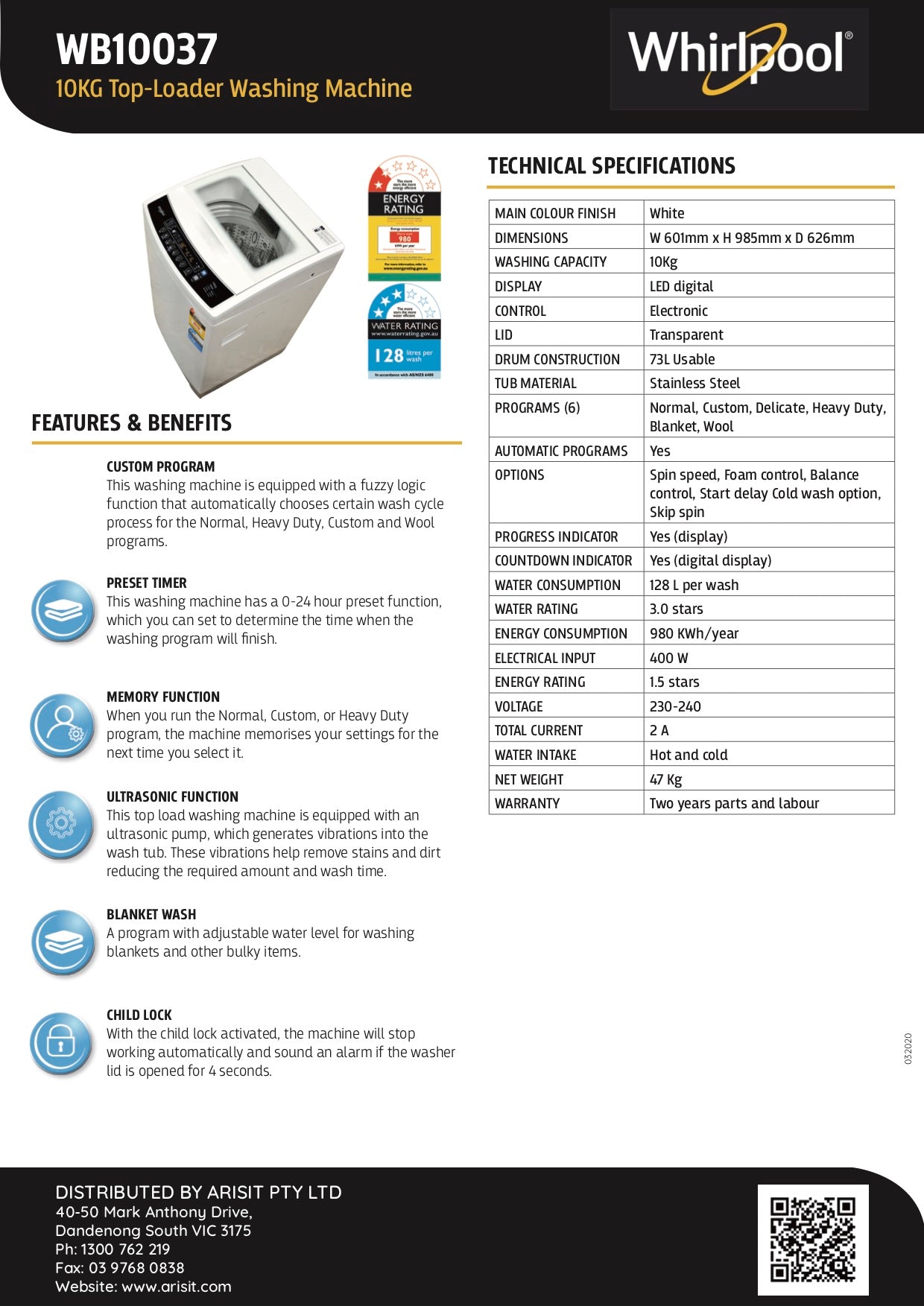 Whirlpool WB10037 10Kg Top Loader Washing Machine 8Appliances