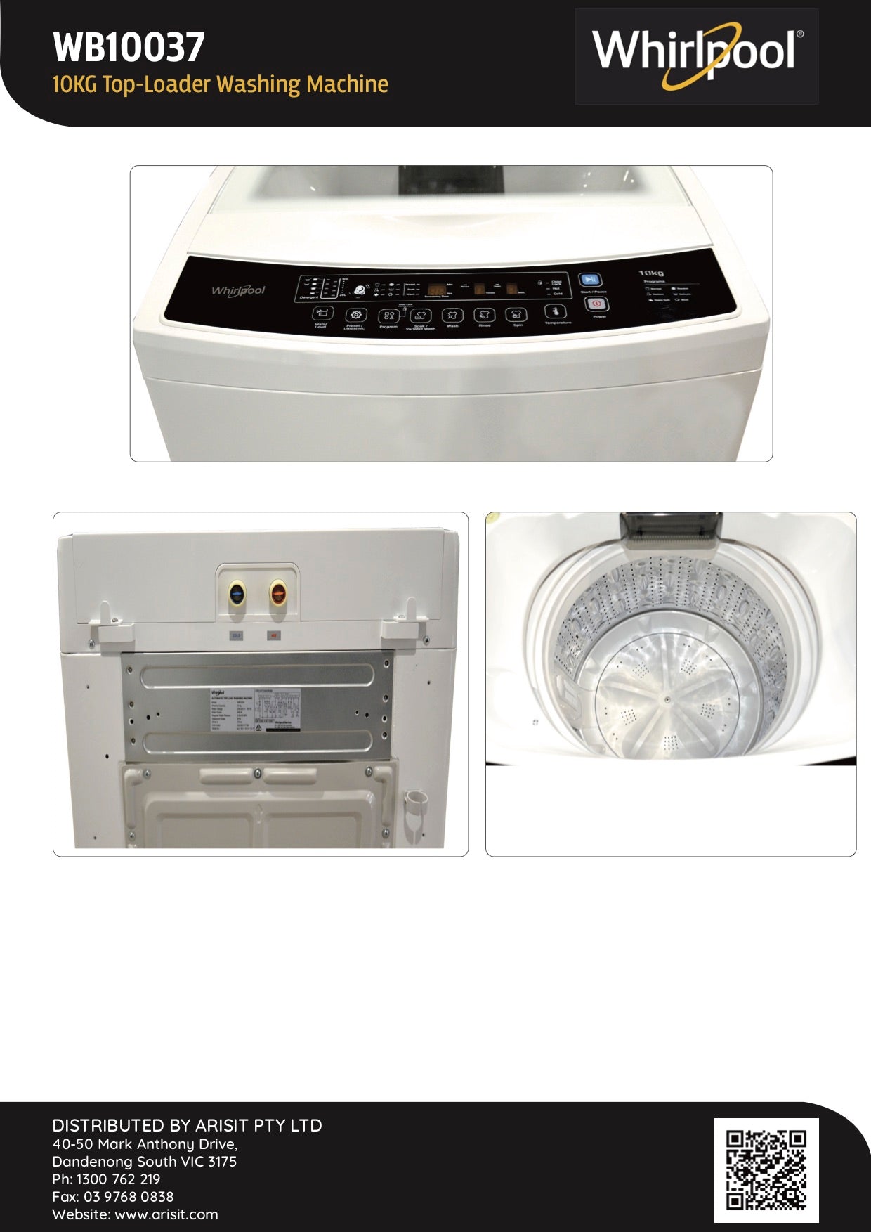 Whirlpool WB10037 10Kg Top Loader Washing Machine 8Appliances