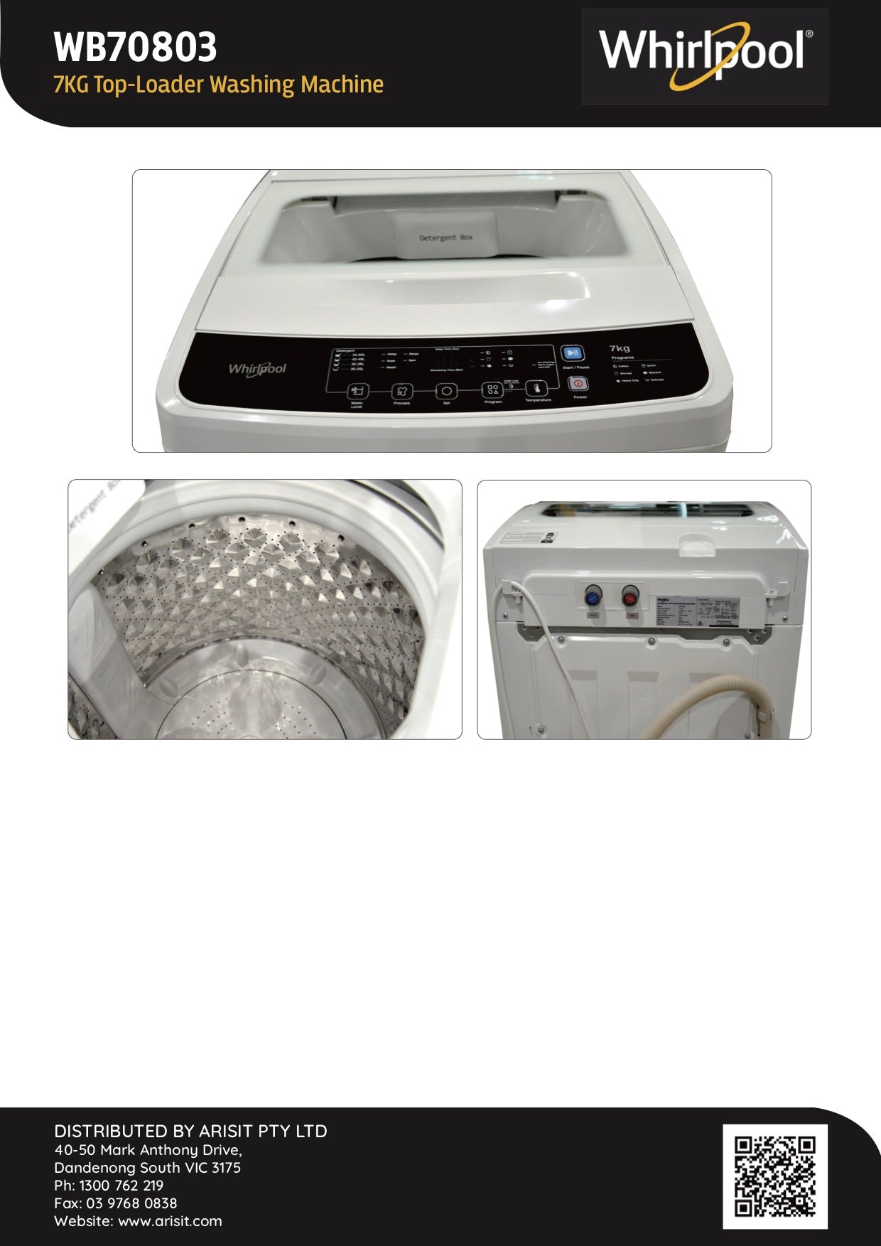 Whirlpool WB70803 7Kg Top Loader Washing Machine 8Appliances