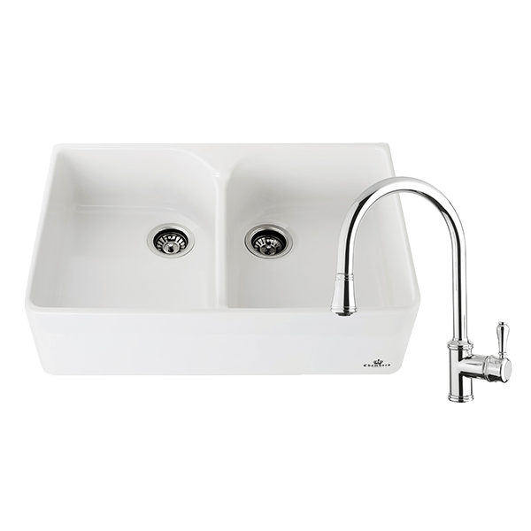 Chambord CLOTAIRE-2WT Clotaire 800mm Ceramic Double Bowl Sink & Palais Chrome Kitchen Mixer