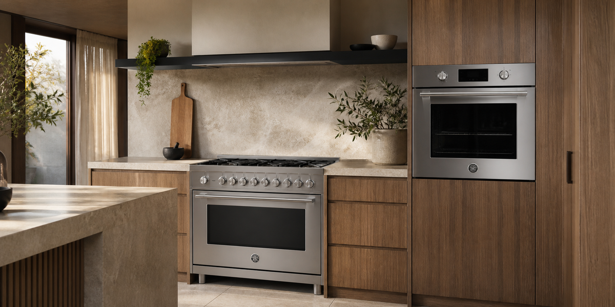 Bertazzoni cooker and matching built-in oven in a premium contemporary kitchen