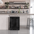 Artusi AWC36BV black double door wine cellar installed below a bar shelf of bottles