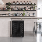 Artusi AWC36BV black double door wine cellar installed below a bar shelf of bottles