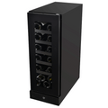 Artusi AWC18BV slimline black wine cellar, angled view showing the smoky glass door and bottles on black shelves