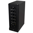 Artusi AWC18BV slimline black wine cellar, angled view showing the smoky glass door and bottles on black shelves