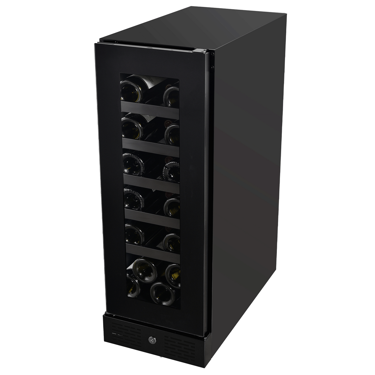 Artusi AWC18BV slimline black wine cellar, angled view showing the smoky glass door and bottles on black shelves