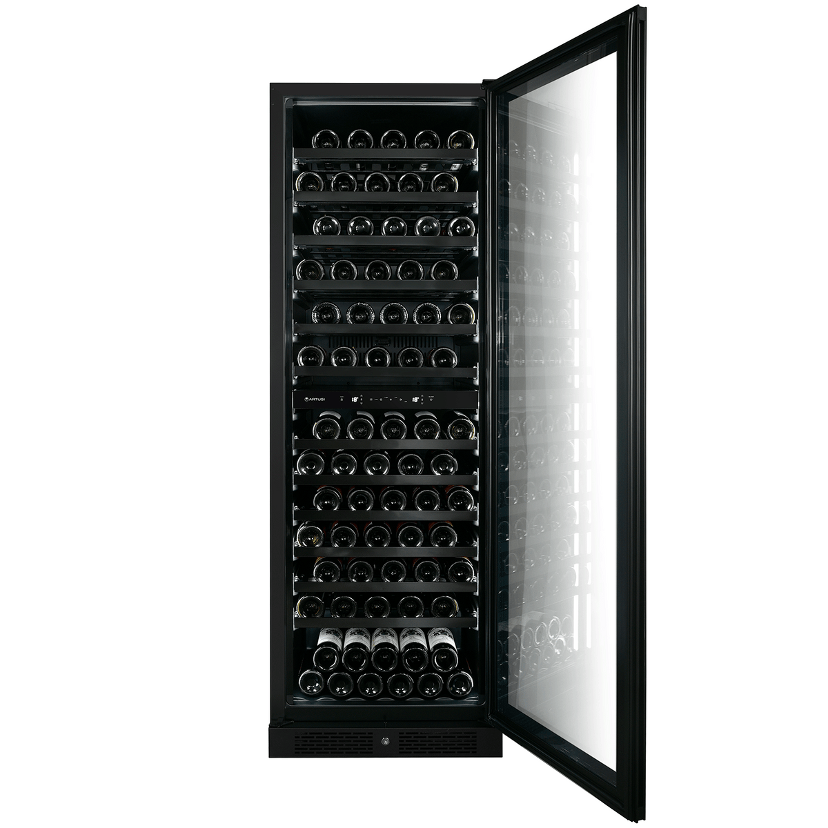 Artusi AWC154BV wine cellar with the glass door open, showing shelves of wine bottles
