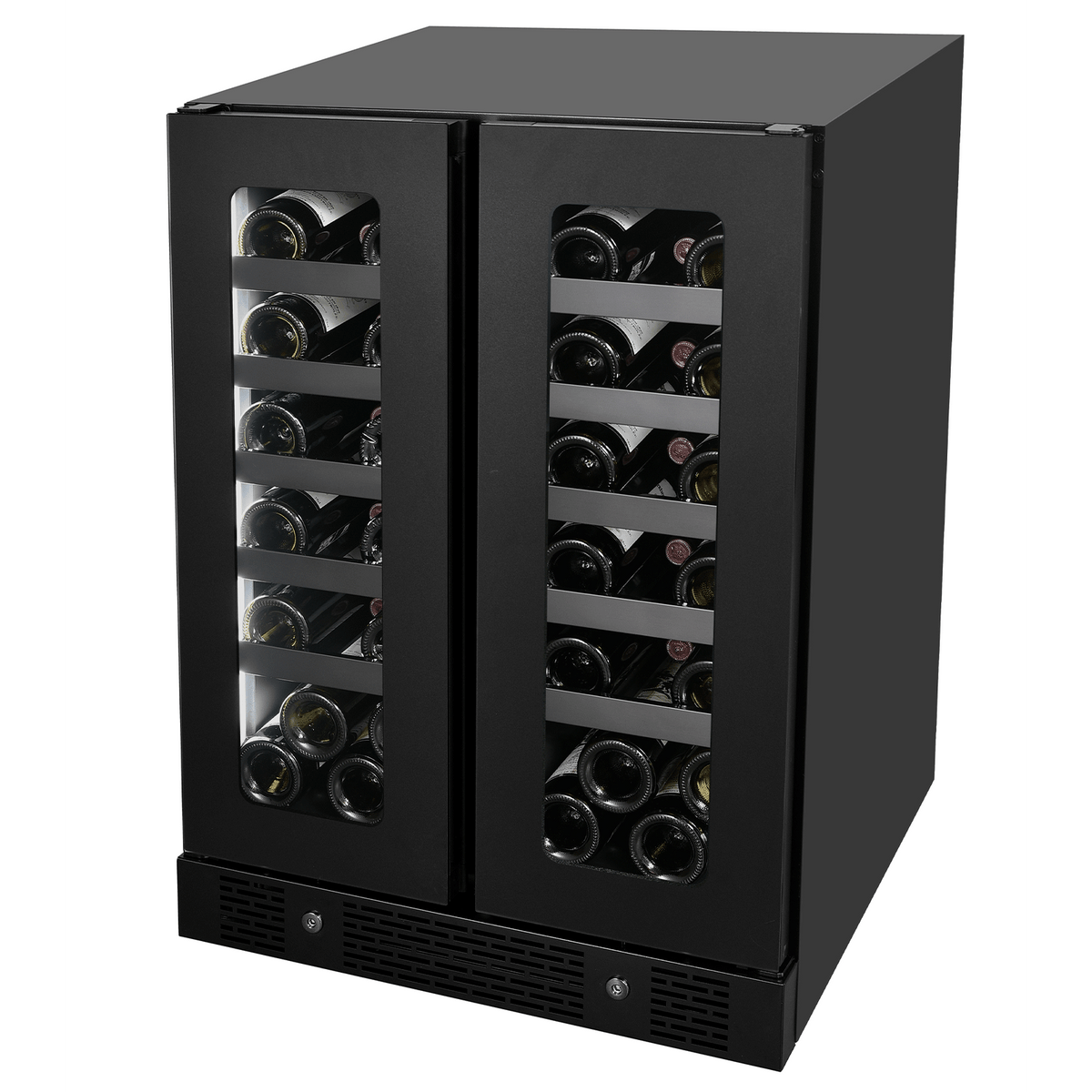 Artusi AWC36BV wine cellar, angled view of both glass doors with bottles stored inside