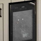 Artusi ABC1B bar fridge lifestyle - close-up of the black glass door and touch controls