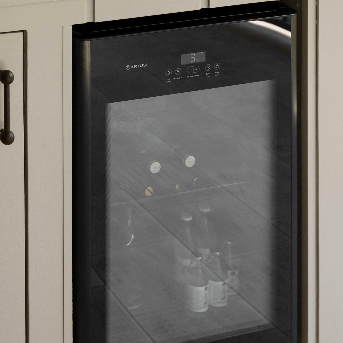 Artusi ABC1B bar fridge lifestyle - close-up of the black glass door and touch controls