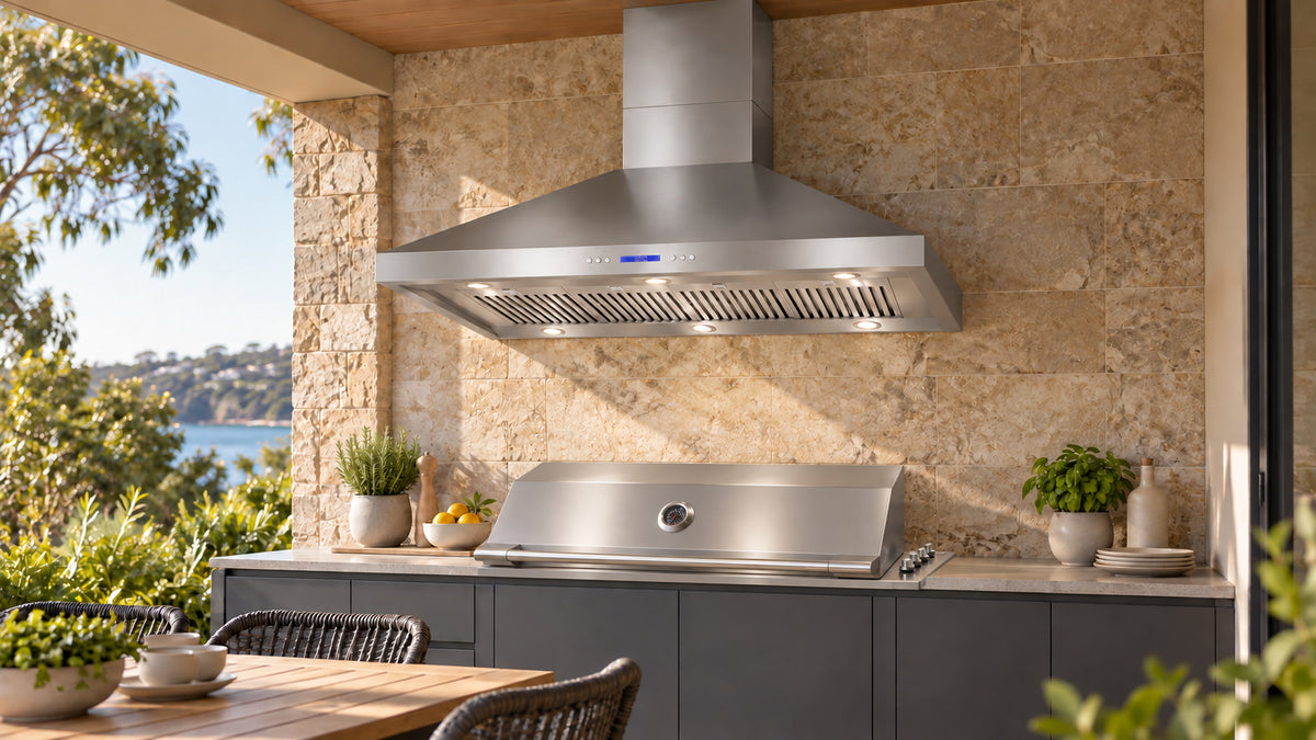 Artusi ACH12BBQB 120cm BBQ hood above an outdoor kitchen BBQ