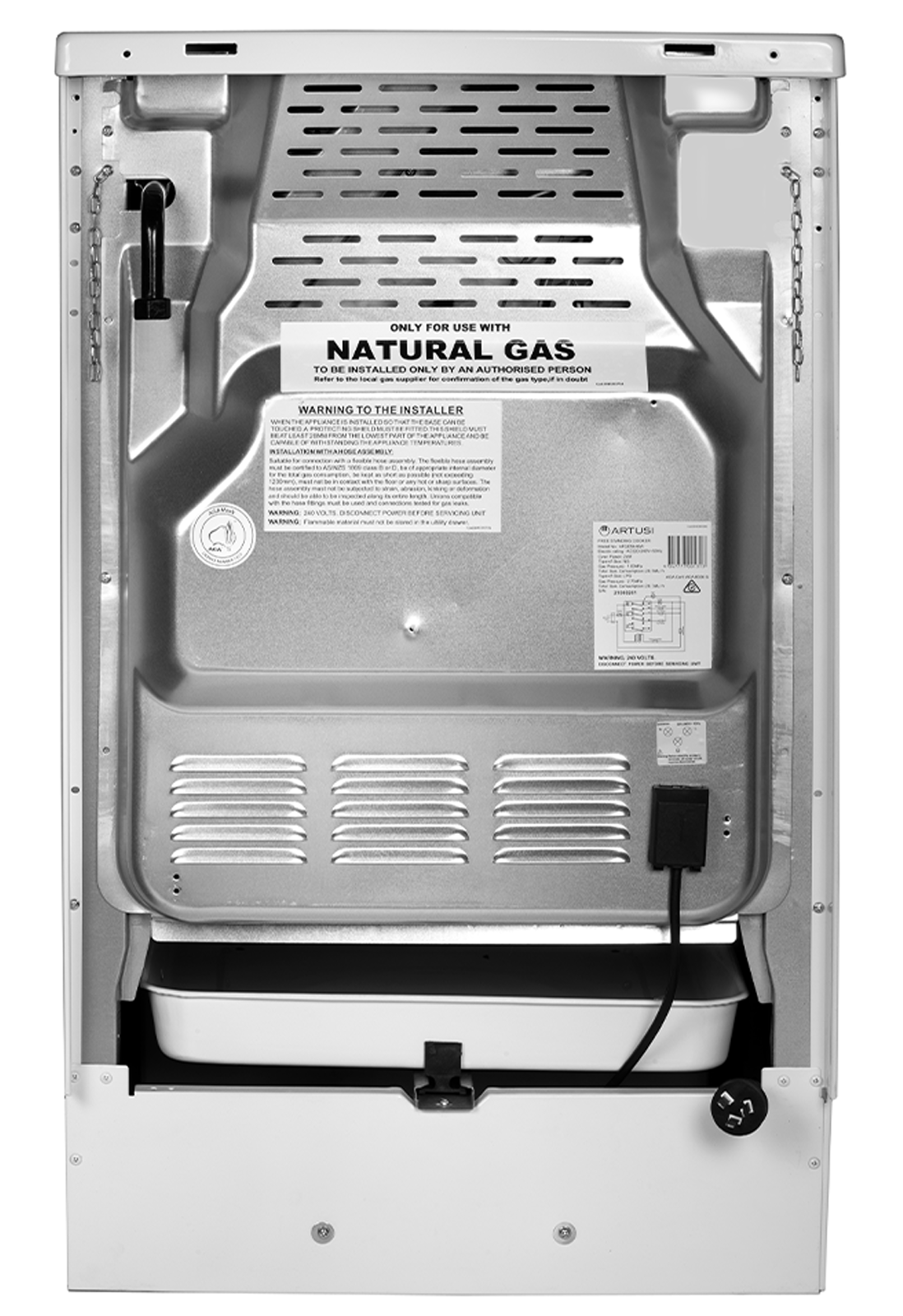 Artusi AFGG54W 54cm Freestanding Gas Cooker - rear view with gas label and power cord