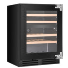 Artusi AINT119GWE underbench wine cellar, angled front view of the black glass door with silver hinges and wooden shelves visible