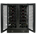 Artusi AWC36BV wine cellar with both doors open, showing half-width shelves loaded with wine bottles