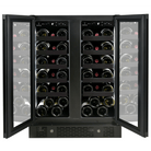 Artusi AWC36BV wine cellar with both doors open, showing half-width shelves loaded with wine bottles