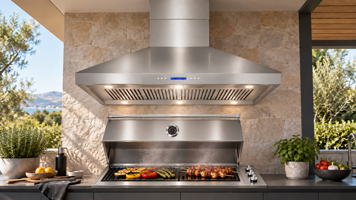 Artusi ACH12BBQB twin-motor BBQ hood extracting smoke above a BBQ