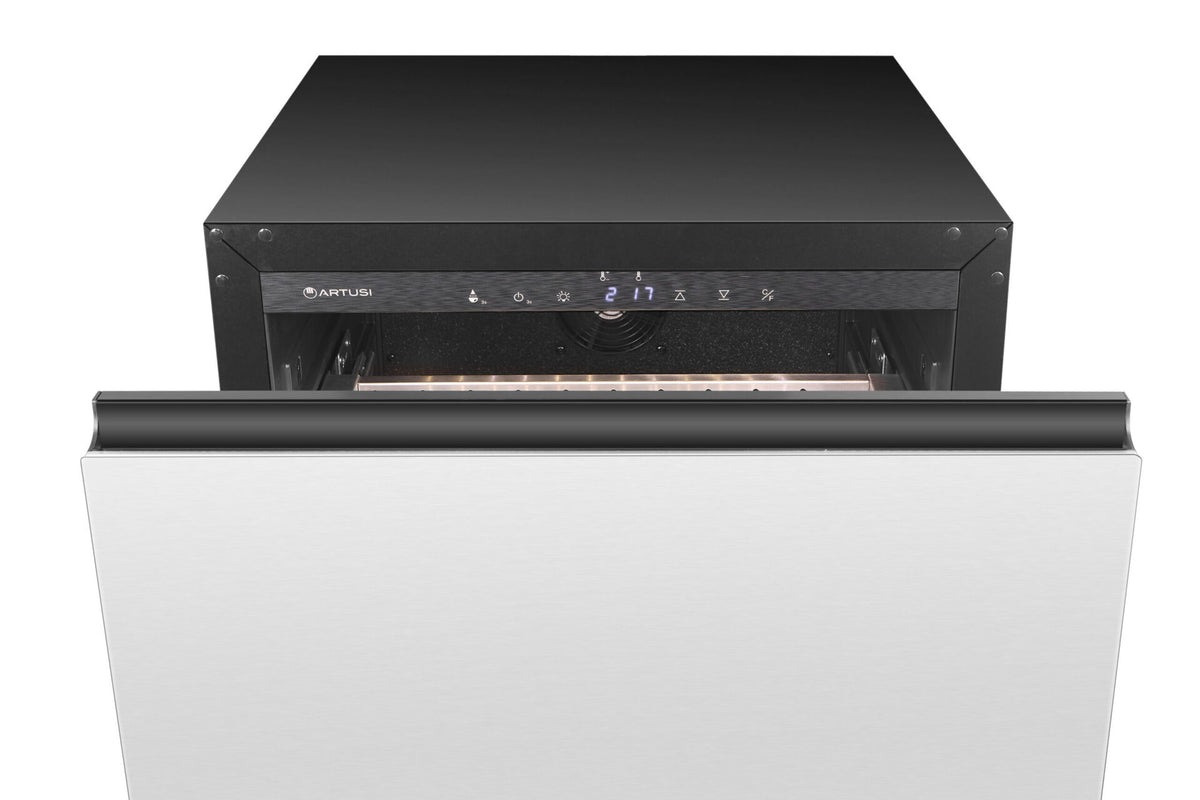 Artusi AUBF620X dual drawer beverage chiller with the top drawer open and touch controls