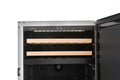 Artusi AOFDZ127X dual zone beverage chiller with door open showing two beech wood shelves