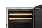 Artusi AOFDZ127X dual zone beverage chiller with door open showing two beech wood shelves