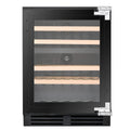 Artusi AINT119GWE underbench wine cellar, straight-on front view of the black glass door with wooden shelves visible