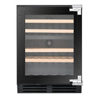 Artusi AINT119GWE underbench wine cellar, straight-on front view of the black glass door with wooden shelves visible