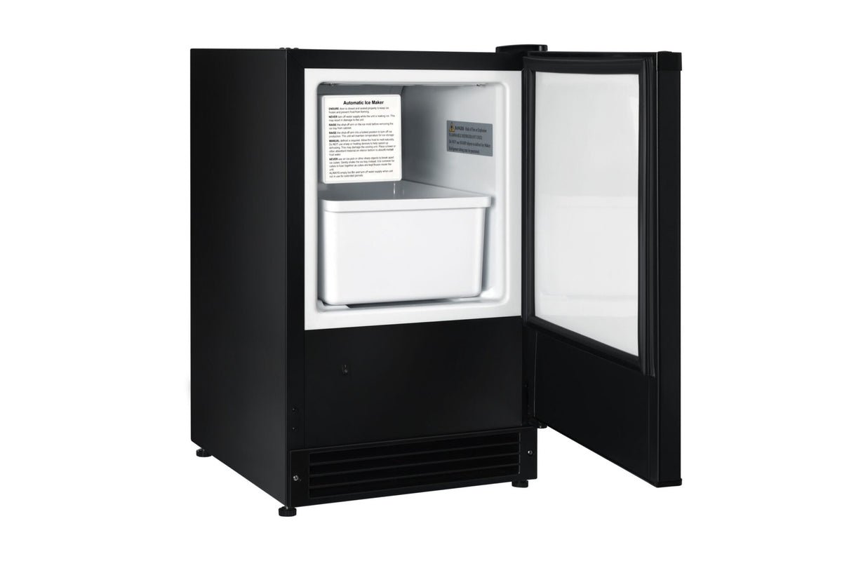 Artusi AIM4009B ice maker with door open showing the ice bin