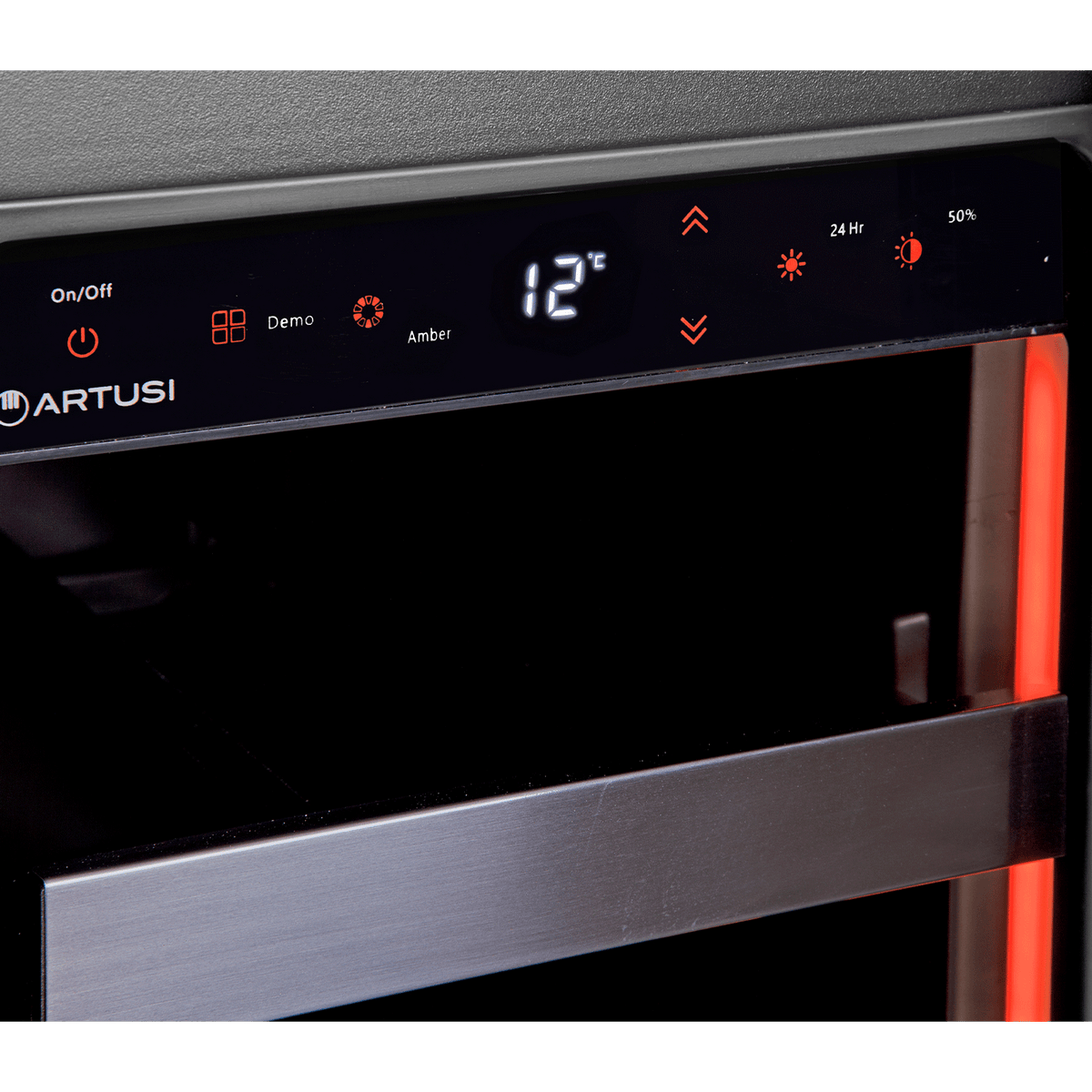 Artusi wine cellar touch control display with amber interior lighting selected