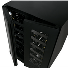 Artusi AWC36BV wine cellar, angled close-up with the doors open and bottles on shelves