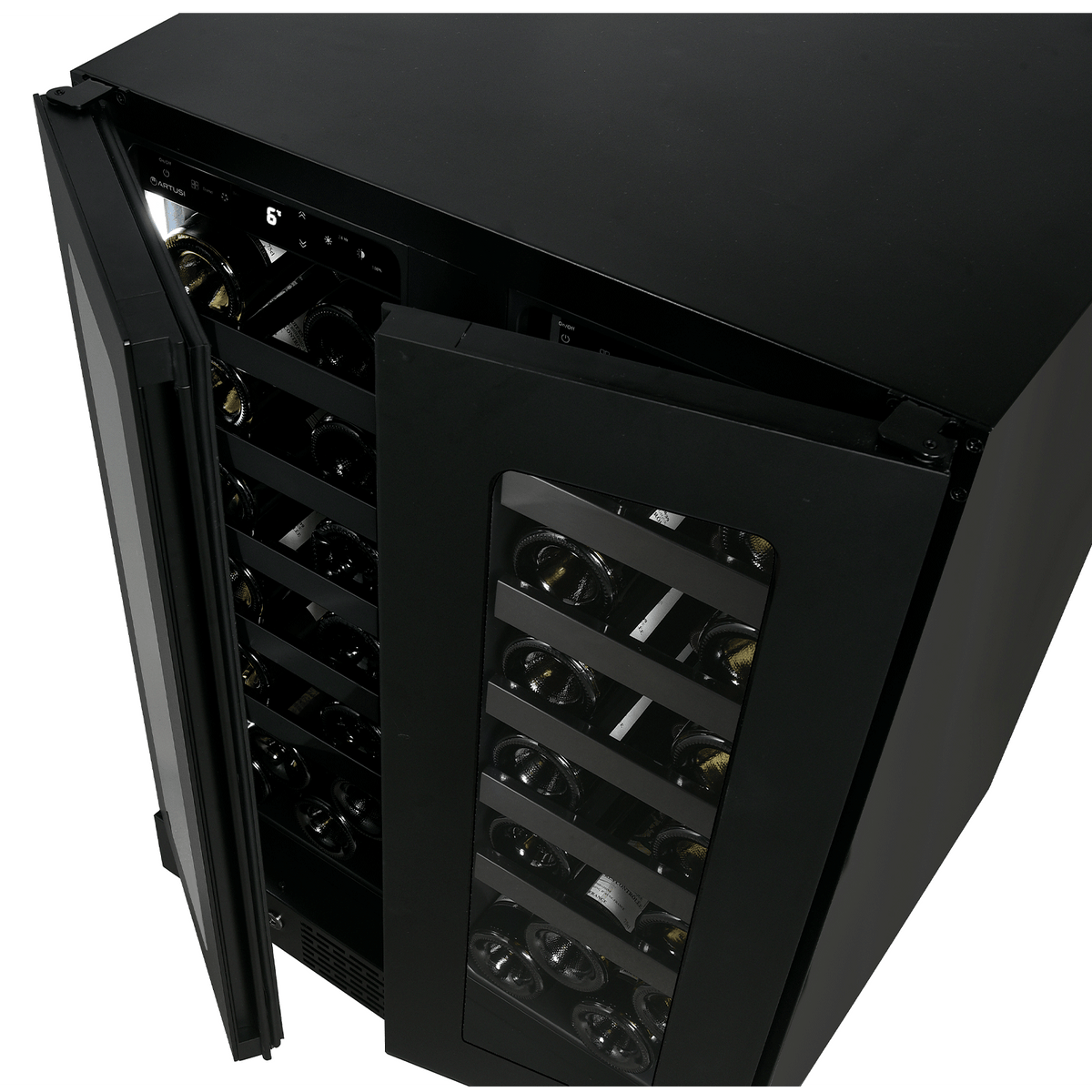 Artusi AWC36BV wine cellar, angled close-up with the doors open and bottles on shelves