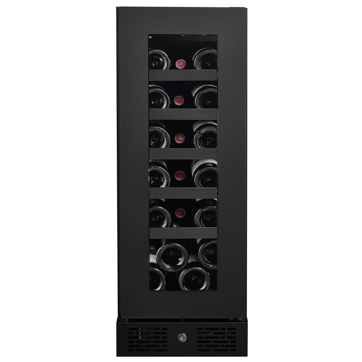 Artusi AWC18BV wine cellar, front view with the interior lit and bottles stored